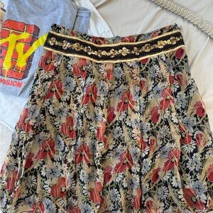 Free People Black and Gold Floral A-Line Skirt